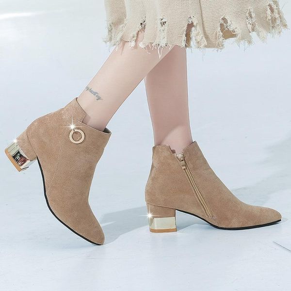 

boots fashion metal decoration mid calf for women novelty flock pointed toe autumn med square heel winter ladies shoes1, Black