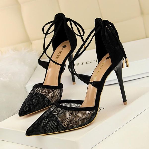 

2020 new floral lace mesh pointed toe women sandals arrival cut-outs cross-tied shallow sandals women's high heels shoes, Black