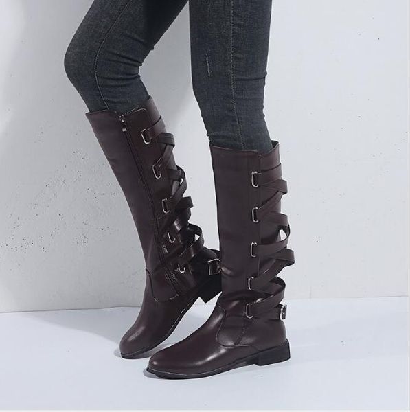 

autumn and winter new style pu square heel low heel metal back webbing handsome mid-tube knight boots, Black