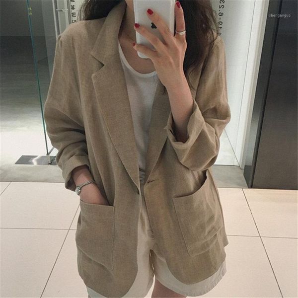 

hzirip retro light brown notched linen 2019 summer vintage simple full sleeves women loose office ladies fashion blazer1, White;black