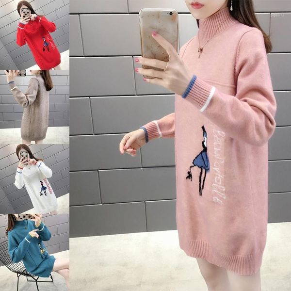 

women long sleeves half turtleneck knitted sweater mid-length loose pullover1, White;black