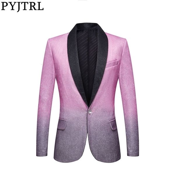 

pyjtrl mens wedding groom stylish shalw lapel gradient color shiny pink gray slim fit blazer stage singer prom dress suit jacket lj201223, White;black