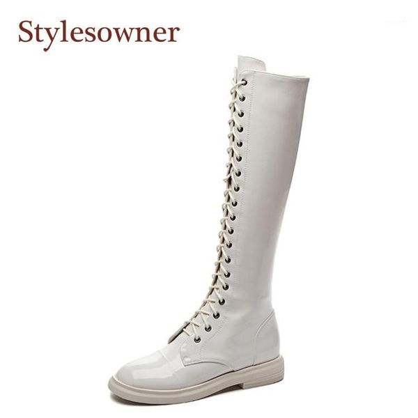 

autumn flat bottom cross strap blue patent leather boots women bright leather handsome girls knight boots new knee-length shoes1, Black