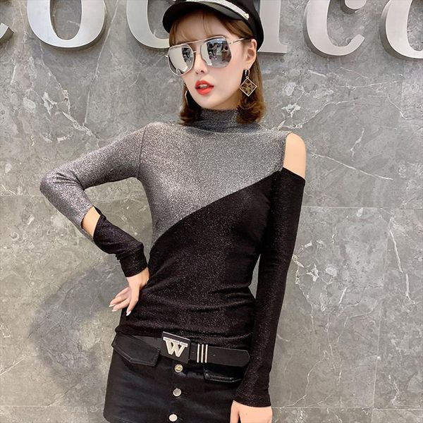 

hollow out european patchwork shiny turtleneck pullover tshirt women 2020 autumn winter clothes camiseta mujer t98005, White