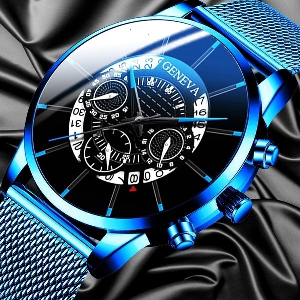 

factory sale geneva men's luxury analog quartz clock, blue stainless steel mesh belt, business fashion calendar 2020, Slivery;brown