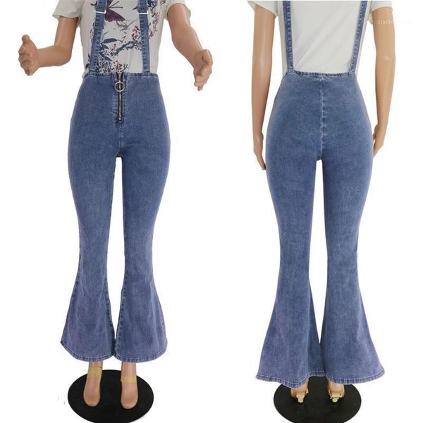 

2020 new high elastic large hip strap high waist women's jeans flared pants flared overalls denim trousers1, Blue