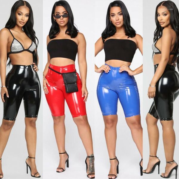 

women's shorts women wet look shiny pu leather bodycon ladies high waist casual cycling biker solid summer skinny1, White;black