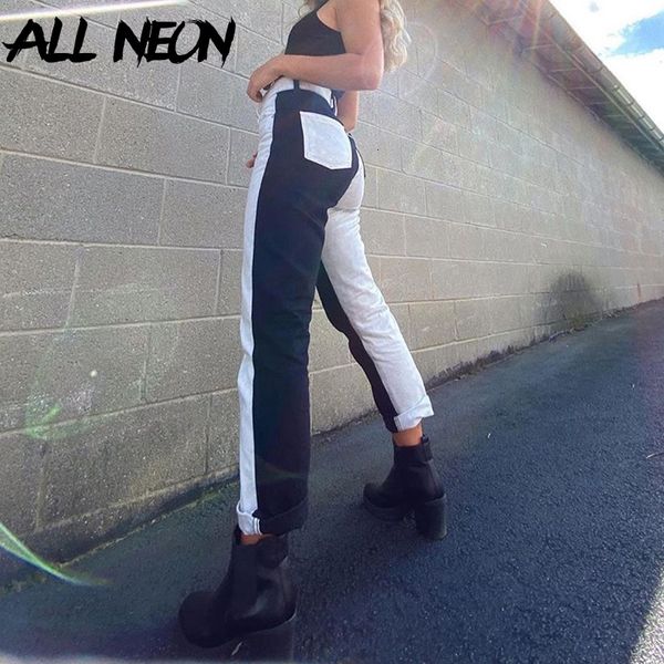 

allneon e-girl casual patchwork high waist moms jeans 90s streetwear pancelled straight long pants fashion autumn trousers chic, White