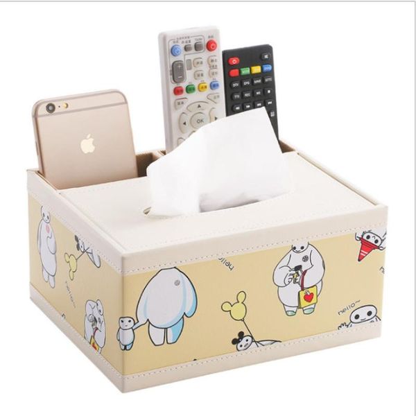 

2020 cartoon multi function rectangle pu tissue box durable european home pen remote storage deskpaper towel container