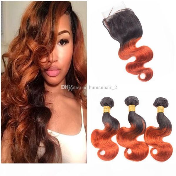

orange ombre human hair bundles with lace closure t1b 350 european virgin hair 3bundles and closure two tone body wave double weft, Black;brown