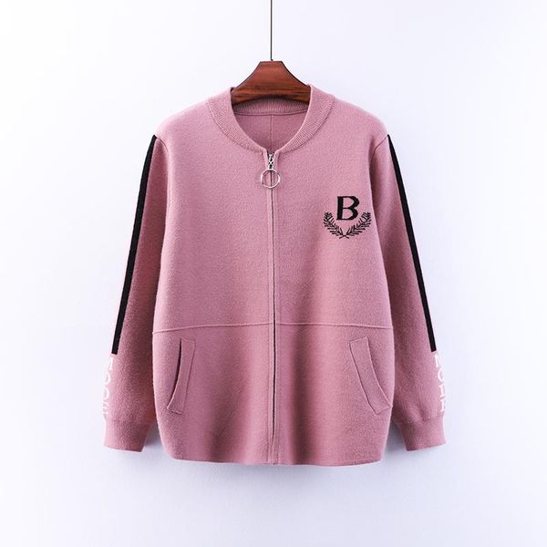 

2020 new autumn winter zipper stand collar baseball jackets loose female knitted cardigans outwear letter long sleeve jackets, Black;brown