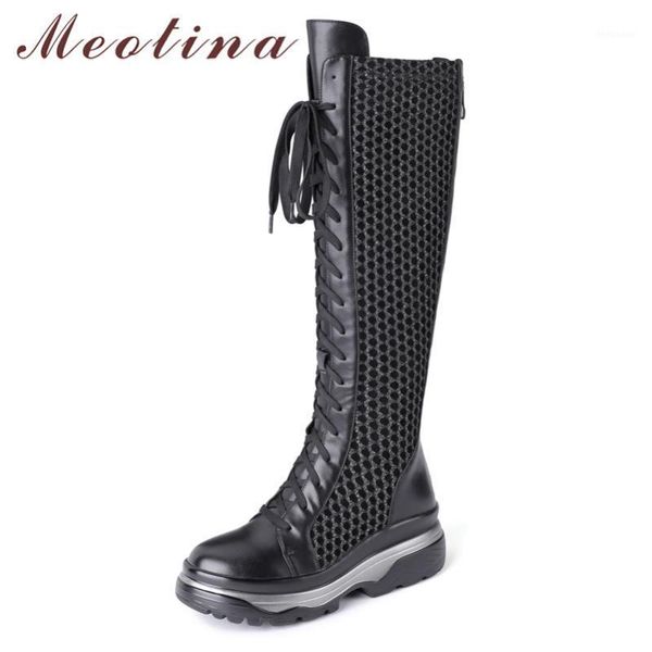 

boots meotina winter knee high women natural genuine leather flat platform long zipper round toe shoes female fall size 391, Black