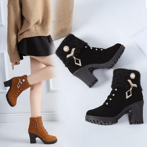 

boots fashion boots, high-heeled snow for women (lace-up, zipper), Black