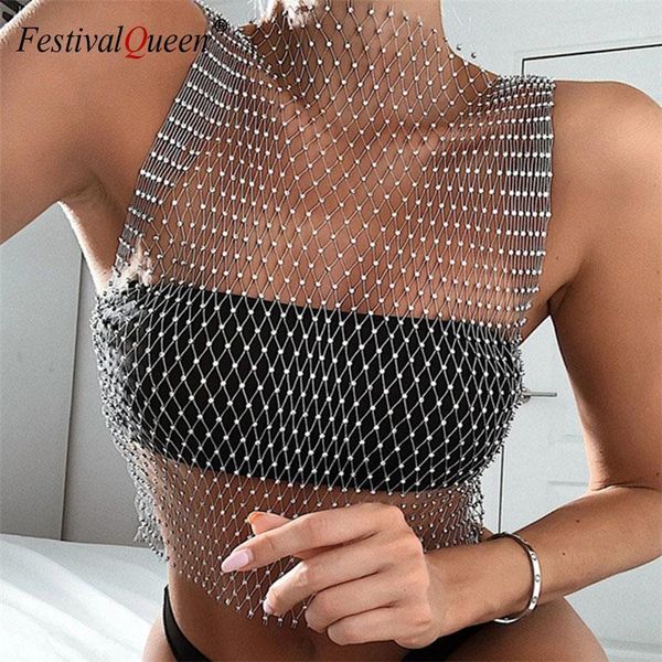 

bling rhinestones grid tank women see through sleeveless fishnet hollow crop summer beach cover up lady clubwear1, White
