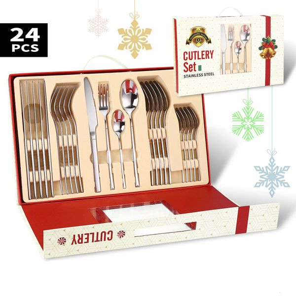 

most popular design 24 pieces cutlery set one line excellent white and red color box packing stainless steel flatware