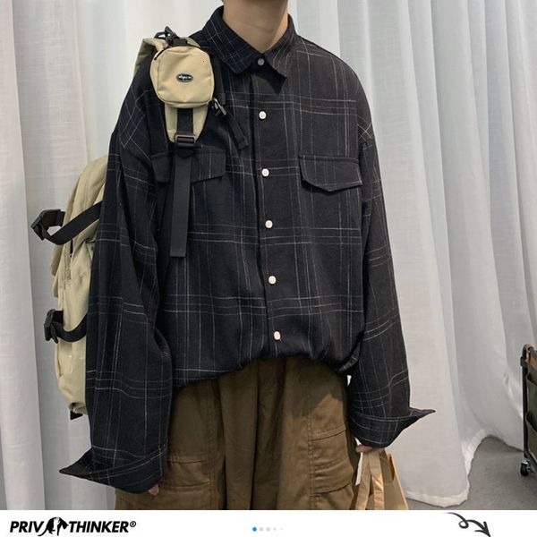 

privathinker korean men plaid shirts autumn new man casual long sleeve checked blouse 2020 harajuku men oversized shirt 1021, White;black