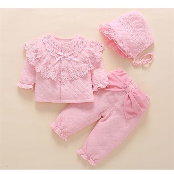 

newborn baby girl fall winter clothes outfits & set medium thick warm padded outerwear+pants+hat pink lace princess outfits y200803, White