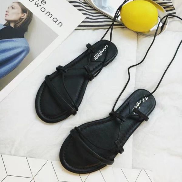 

beach cross bandage flat soft sole lightweight summer casual women sandals, Black