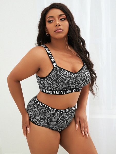 

plus zebra stripe letter tape lingerie set d8tg#, Black;white