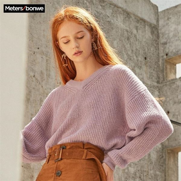 

metersbonwe new knitted sweater women pullovers v neck basic women sweaters loose chic comfortable sweater 716863 201223, White;black