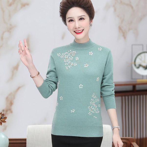 

autumn winter knitted turtleneck sweater women thick long sleeve pullover middle age mother flower jumper, White;black