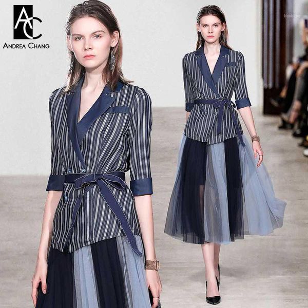 

s-xxl spring autumn woman clothing set 3/4 sleeve blue strip pattern blazer + dark blue patchwork calf length gauze skirt suit1, White