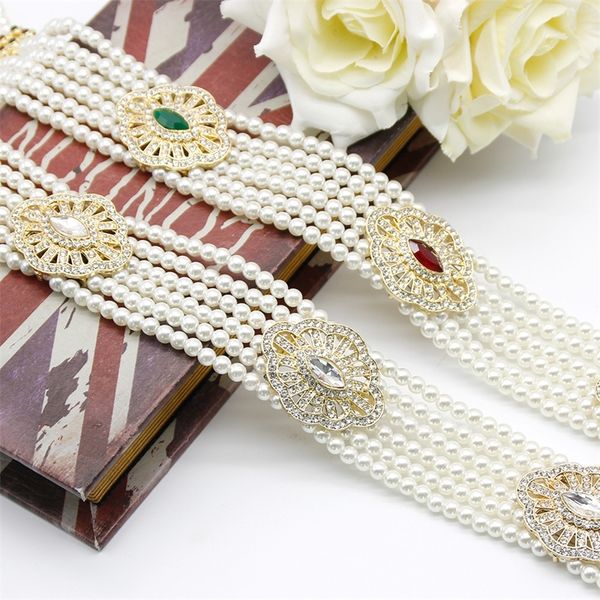 

new fashion women bead waist chain belt for wedding dress european imitation pearl body jewelry morcco caftan abaya sash t200508, Silver