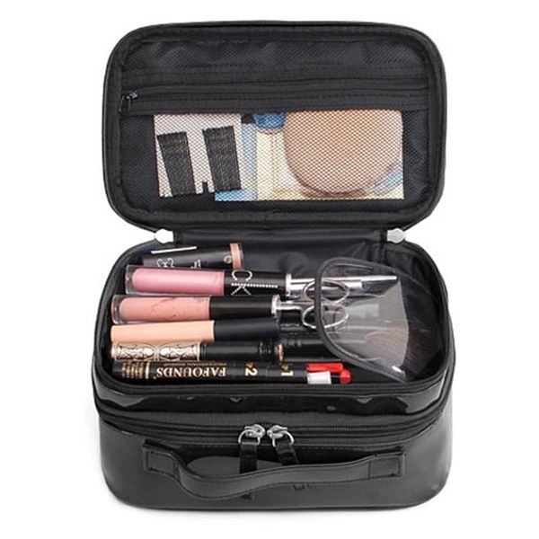 

women pu makeup bag black double layer waterproof toilettry bag travel organizer beautician case portable cosmetic storage bags y200714, Blue;pink