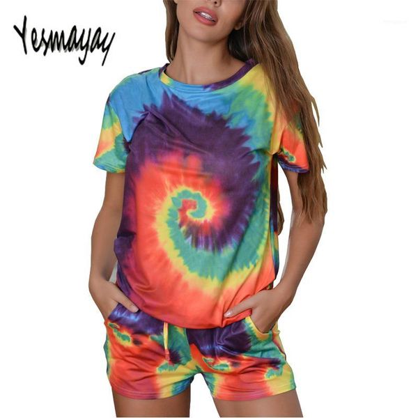 

summer pajamas for women tie dye print casual 2 piece pajamas lounge set short sleeve shorts sleepwear leisure pjs set 20201, Black;red