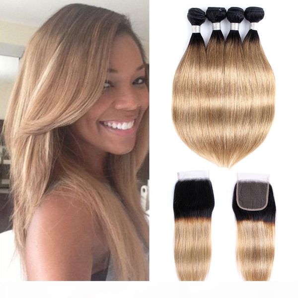 

ombre blonde hair bundles with closure 1b 27 honey blonde brazilian straight hair remy human hair extensions 4 bundles with 4x4 lace closure, Black;brown