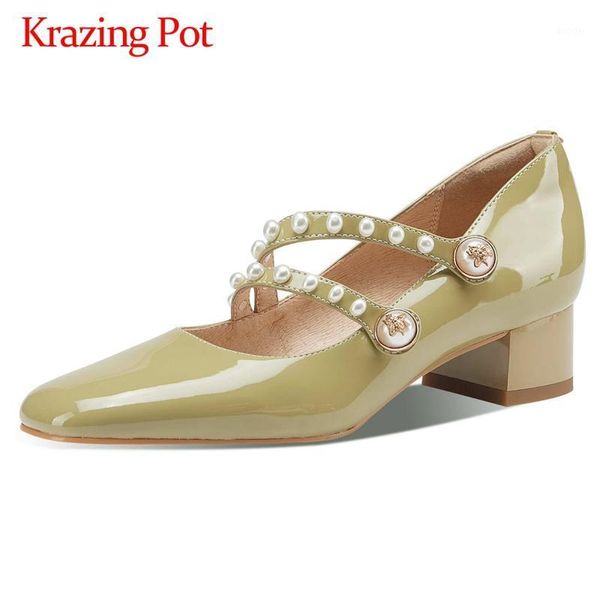 

krazing pot princess style patent leather pearl decorations square toe thick med heel buckle straps young girls women pumps l291, Black