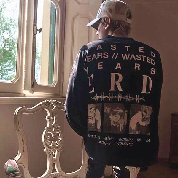 

2020 men and women erd melancholy rich second generation thorns portrait printing ps loose street fog long sleeve t-shirt, Black