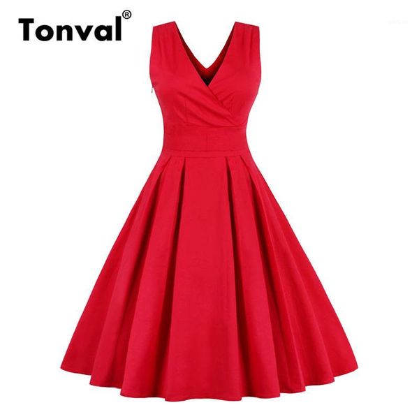 

tonval red pleated plain solid vintage dress women wrap v-neck belted elegant party retro cotton summer dresses1, Black;gray