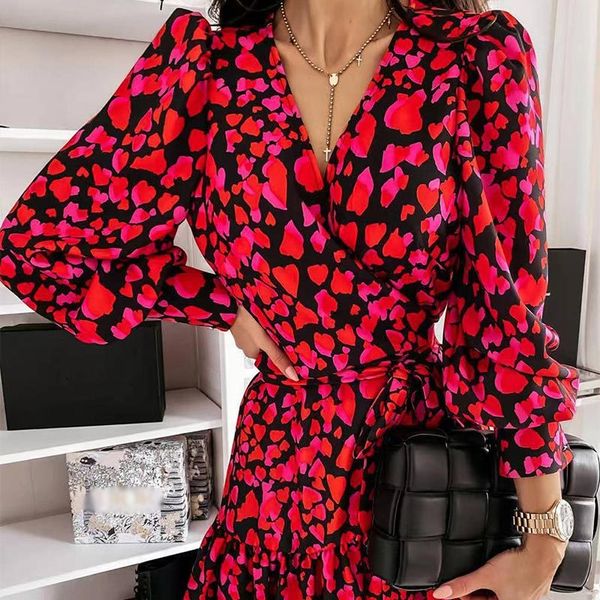 

ruffle patchwork lantern sleeve women mini dress floral heart printed elegant v-neck a-line female dresses spring lady vestidos y0118, Black;gray