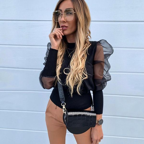 

2021 spring puff sleeve blouse women mesh blouse casual ladies shirts party clubwear solid female office lady shirts, White