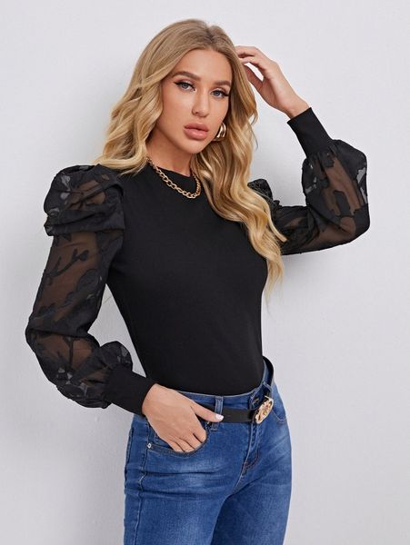 

floral mesh bishop sleeve j4fa#, White