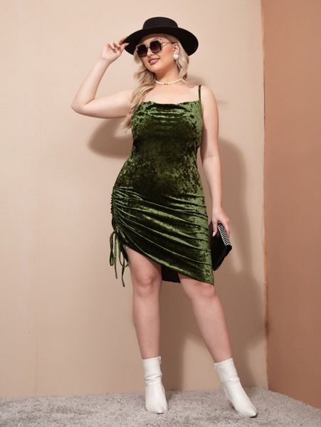 

plus drawstring velvet cami dress q4uh#, Black
