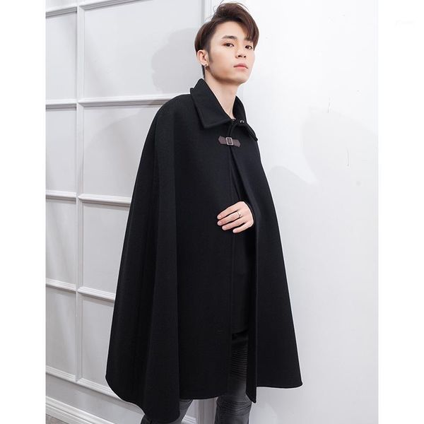 

men's woollen coat british medium and long sleeveless shawl turtleneck coat men's loose youth fashion1, Black