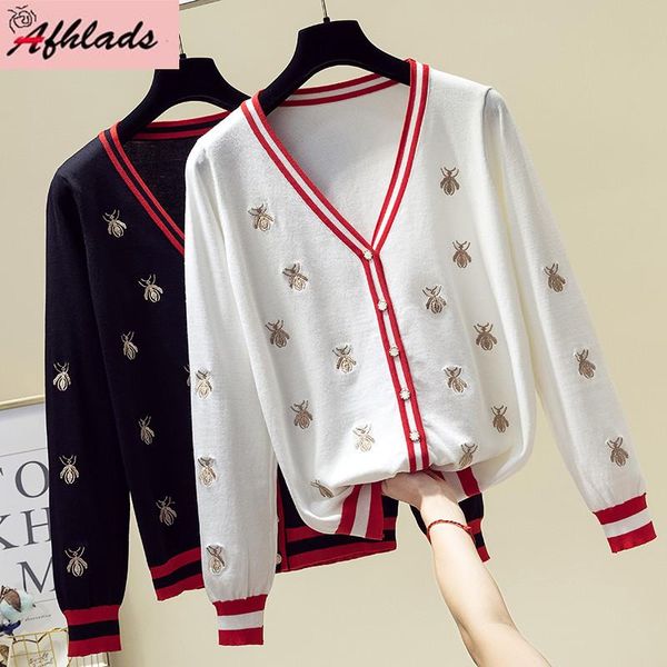 

fashion bees embroidery long sleeve cardigan 2020 autumn women knitted sweater coat v-neck single breasted female jacket coat, Black;brown