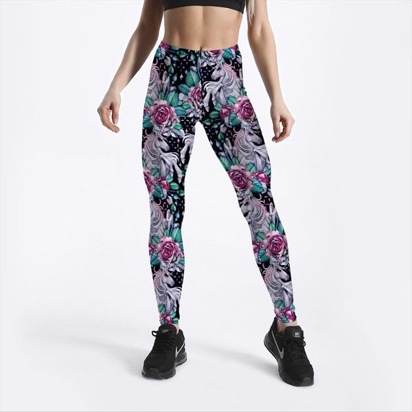 

leggings new arrival womens legging fitness digital print pretty rose white horse flying pants pencil trousers, Black