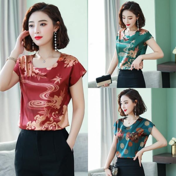 

mlgqf stretch satin women's short sleeve 2020 new silk round silk-like neck 7f3xo loose large size printed shirt base shirt, White