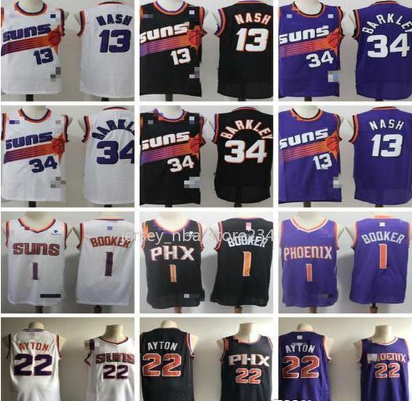 

mens phoenix suns 13 steve nash 34 charles barkley 1 devin booker 22 deandre ayton basketball shorts jerseys, Black;red