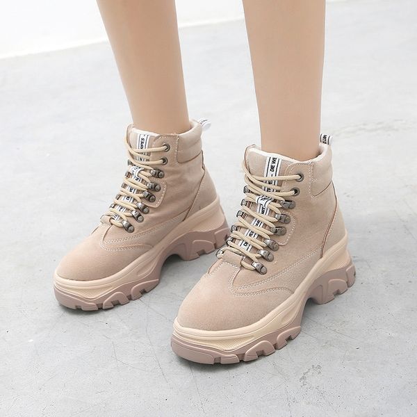 

women thick bottom lace up flock ankle boots woman shoes motorcycle boots female sewing solid flat platform ladies shoes fashion t200425, Black