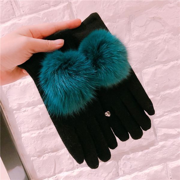 

knitted cashmere-like gloves ladies korean style elegant pure color cute plush ball warm comfortable soft gloves, Blue;gray