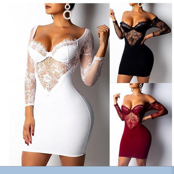 

2019 new women's bodycon lace off shoulder spliced solid color evening party club short mini dress1, Black;gray