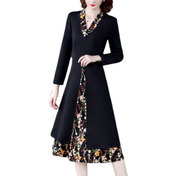 

2021 new autumn winter dresses women new print stitching fake two-piece v-neck plus size l-5xl elegant female office dress vestidos hij9, Black;gray