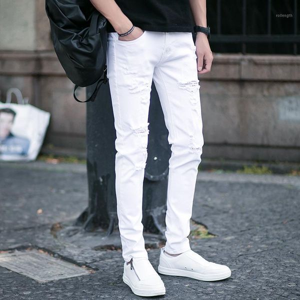 

new year autumn star hole white jeans male slim korean student stretch feet pants men streetwear ropa de hombre 2020 pants men1, Black