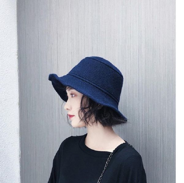 

wool blended knitted fisherman's hat, Blue;gray