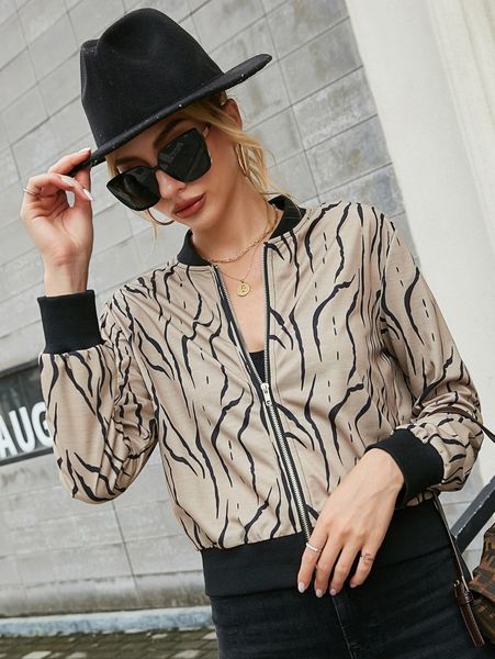 

graphic print zip up bomber jacket 32s8#, Black;brown