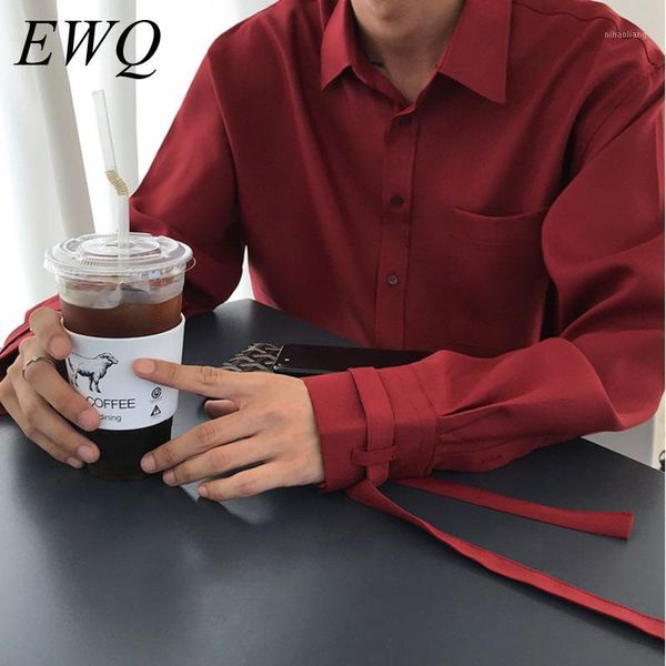 

men's casual shirts ewq / men's wear 2021 spring fashion white red shirt male trend handsome bandage cuff long sleeve casaul desi, White;black